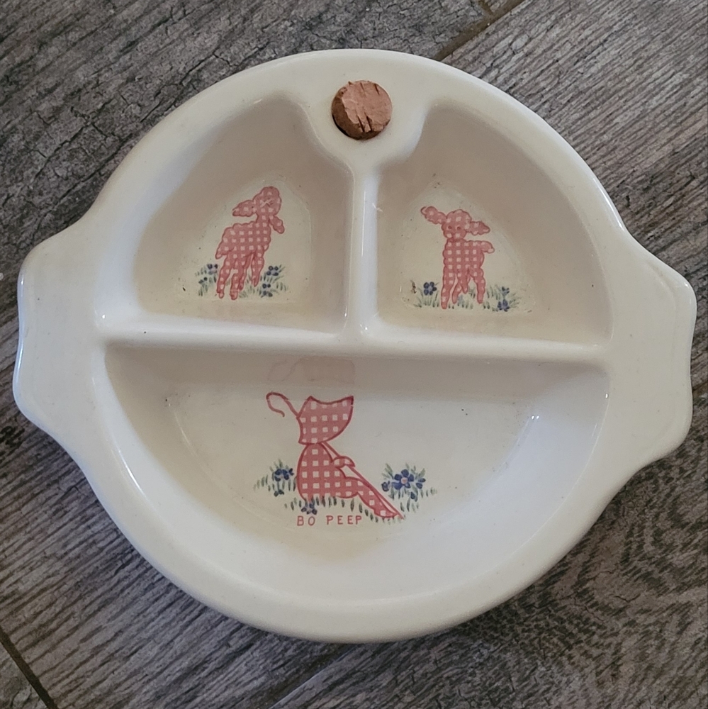 Vintage 40's Excello LITTLE BO PEEP Porcelain Baby Divided Feeding Dish Warmer